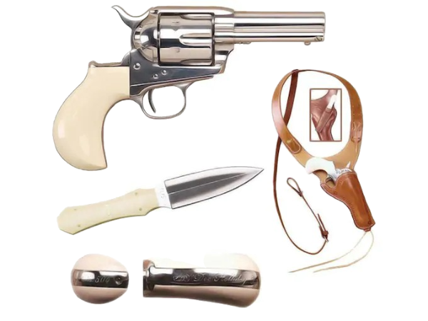 Cimarron Doc Holliday Combo Pistol 45 Colt (Long Colt) 3.5" Barrel 6-Round Nickel Bone Ivory Gripped Dagger/Huckle Berry Shoulder Rig