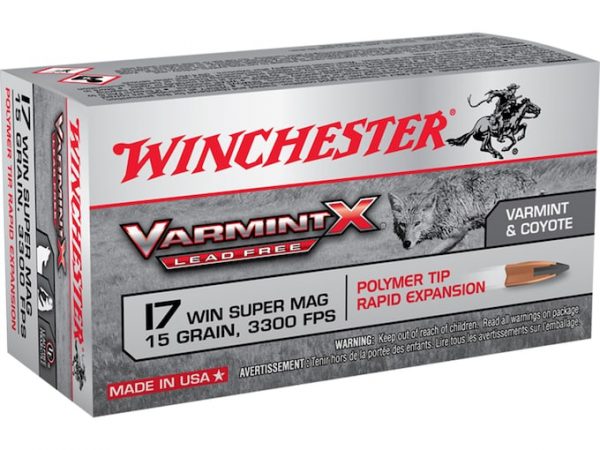 Winchester Varmint X Ammunition 17 Winchester Super Magnum 15 Grain Polymer Tip Lead-Free Box of 50