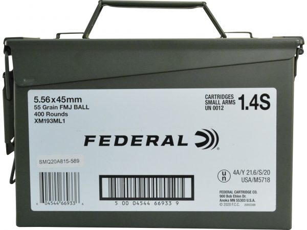 Federal Ammunition 5.56x45mm NATO 55 Grain XM193 Full Metal Jacket Boat Tail Ammo Can of 400 (Bulk)